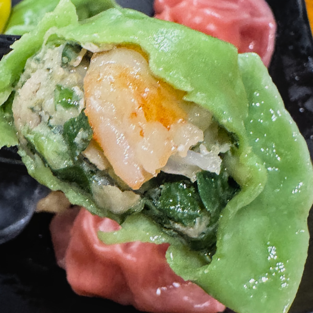 小五彩餃子近拍，餃子外皮色澤自然不刺眼，內餡飽滿多汁，五種口味輪流吃不會膩，是高雄大社觀音山附近很有記憶點的水餃選擇