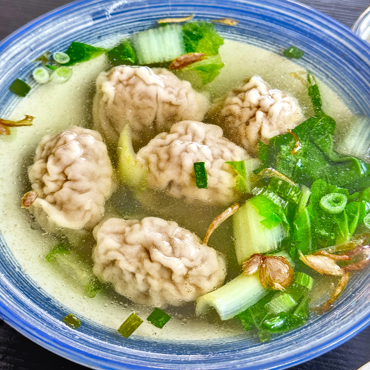 念姨麵館鮮甜手工餛飩湯，湯頭清爽配上豐富蔥花與胡椒香氣