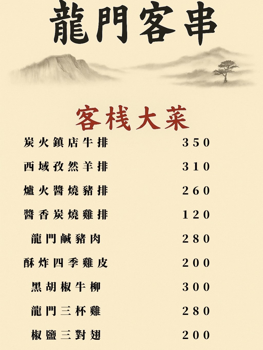 龍門客串菜單：包含招牌大點、串燒項目與價格資訊