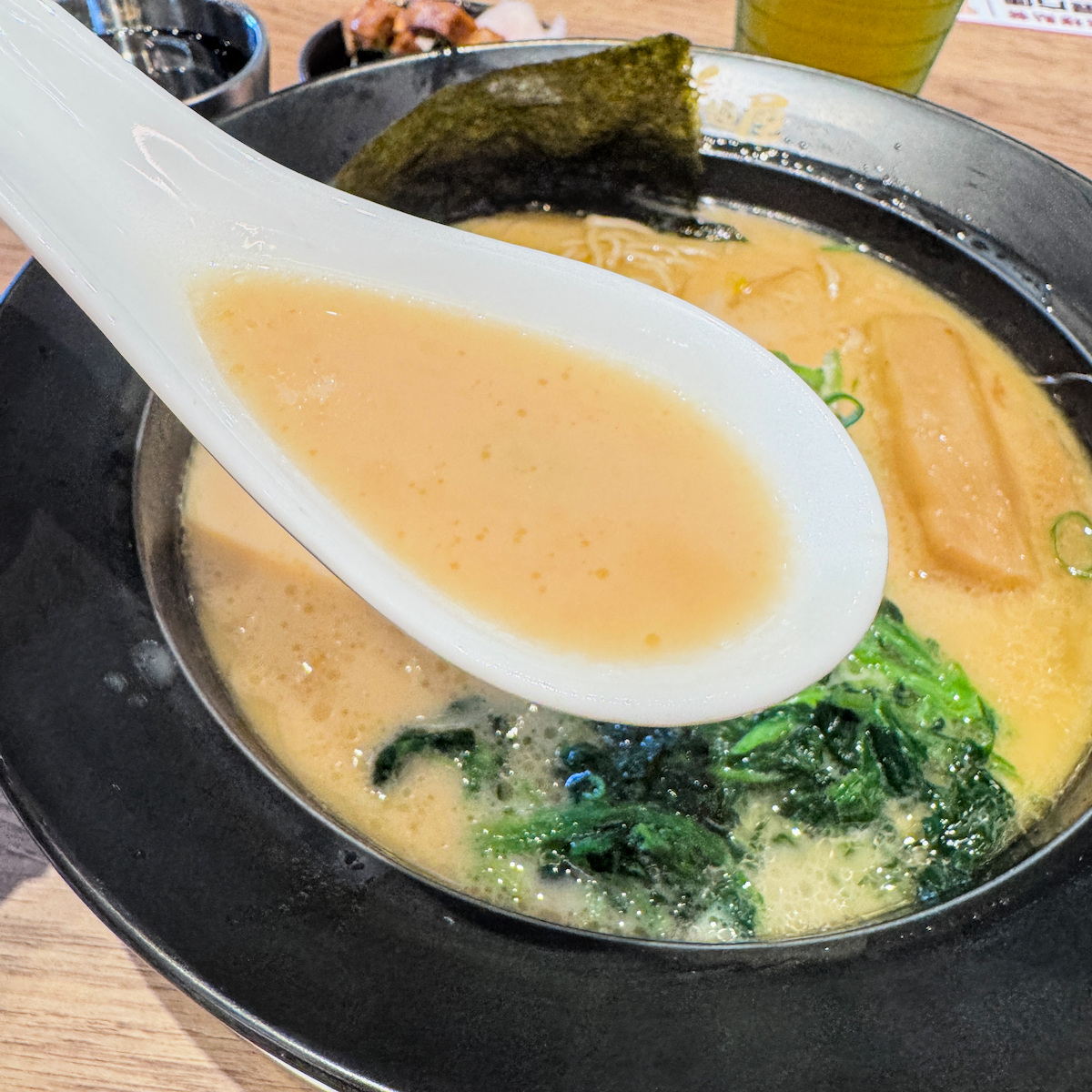 近拍樂麵屋濃厚版豚骨拉麵高湯，表面帶有細緻油脂、口感濃郁卻不顯油膩